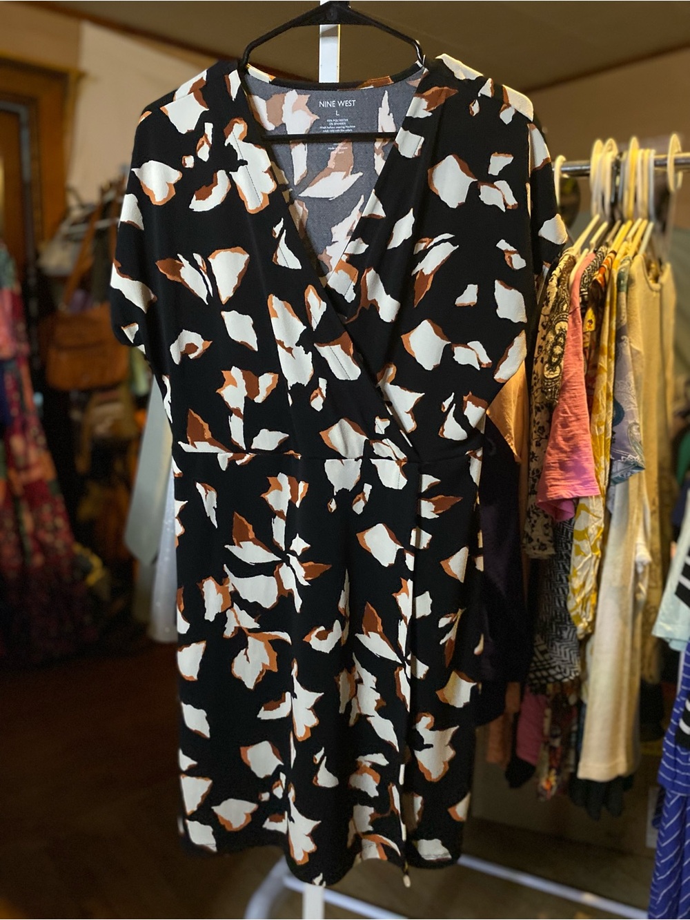 Nine West Black Floral-Print Faux Wrap Mini Dress with White & Brown Accents